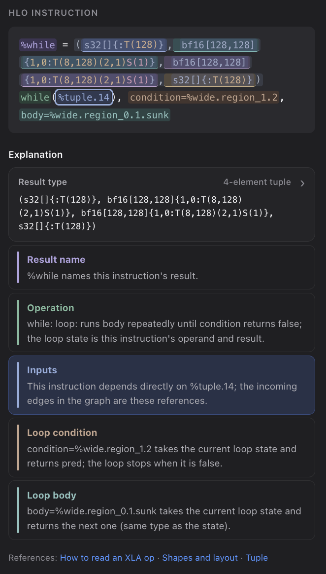 The inspector breaking a while instruction into result type, name, operation, inputs, loop condition, and loop body