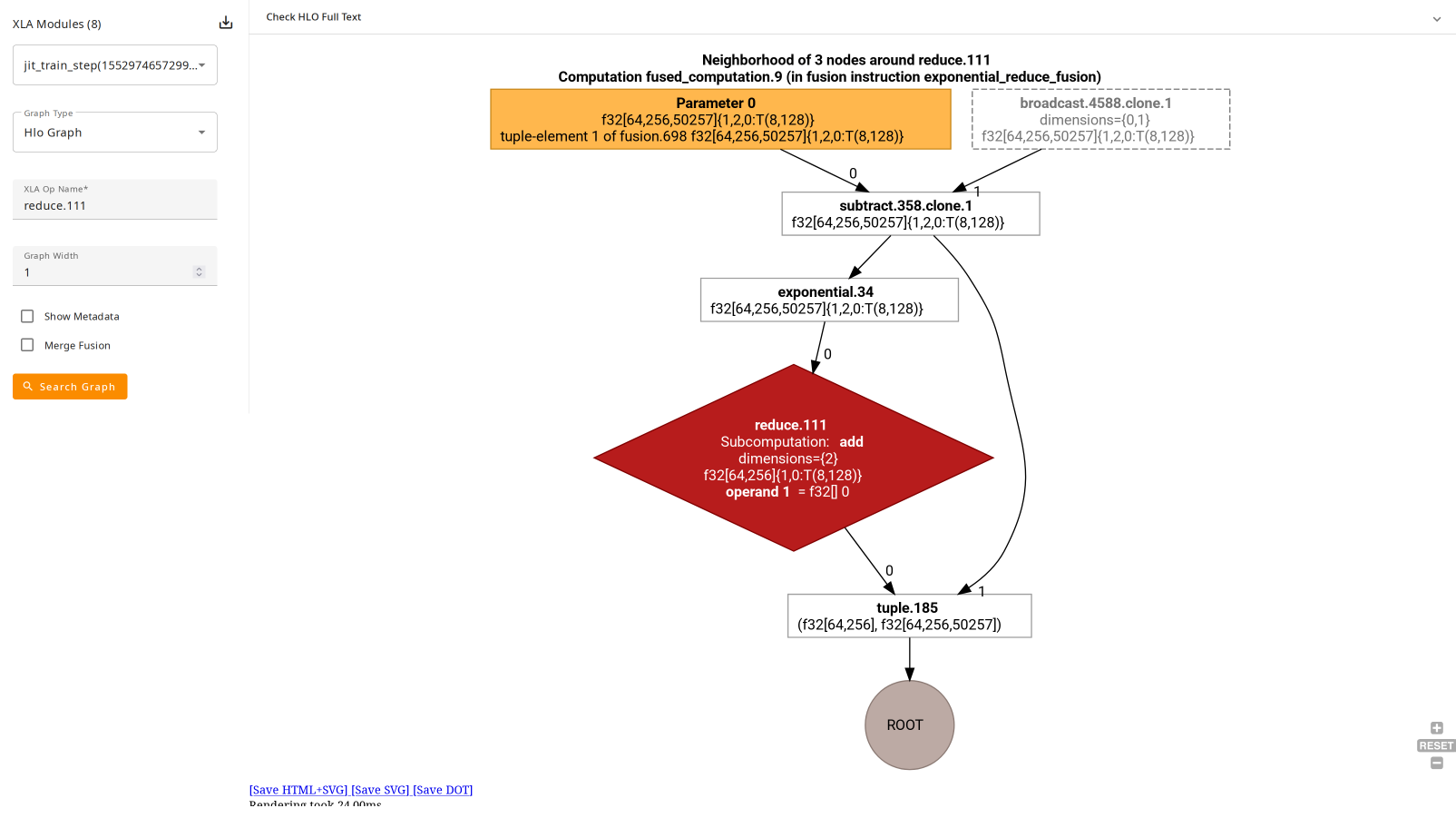 The official XProf Graph Viewer showing HLO instructions and dependencies around reduce.111